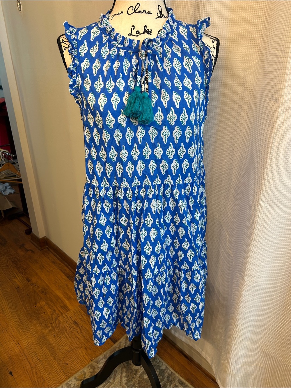 J.Crew Blue Printed Tassel Sundress, Medium, EUC, Tiered, Cotton, Summer, Cool